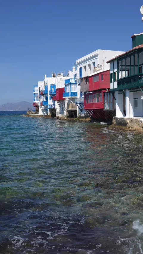 Mykonos Greece Low Angle Aegean Sea Greek Island White Buildings On Water. .. Stock Footage 336512864