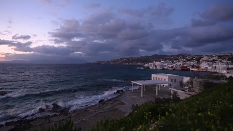 Mykonos, Greece at Sunset. Wide View Over Water Coastline Dark Clouds and P.. Stock Footage 344480130