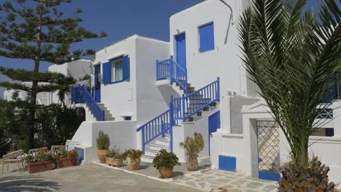 Mykonos Greece Whitewashed House Blue Staircase and Palm Tree Stock Footage 340280845