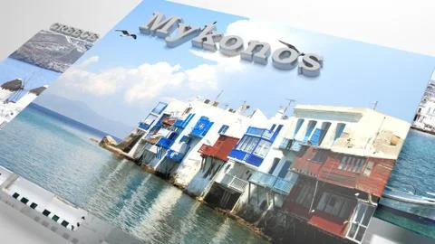 Mykonos places to visit in slideshow like set photos and 3d text Stockillustratie