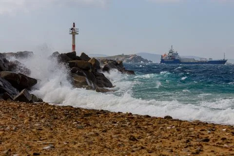 Mykonos. Storm waves. Stock Photos