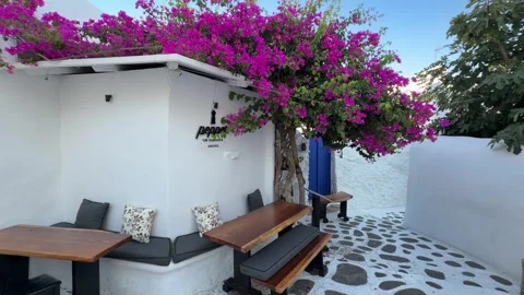 Mykonos Taverna Table with Pink Bougainvillea - Static View Stock Footage 346732753