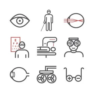 Myopia line icons set. Vector illustration for websites, magazines, brochures Stock Illustration