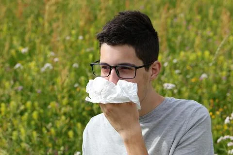 Myopic boy with glasses sneeze because of allergies to grass on flowery field Stock Photos
