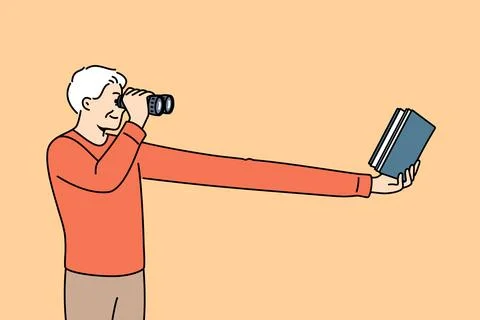 Myopic elderly man uses binoculars to read book, needs corrective surgery on eye Stock Illustration
