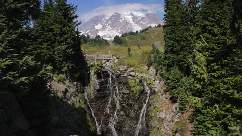 Myrtle Falls and glacier peak of Mount Rainier National Park Washington. Видео 344513739