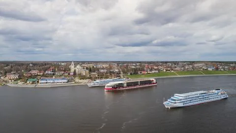 Myshkin, Russia - May 01, 2022: Aerial view of the city of Myshkin and the Volga Stock Photos