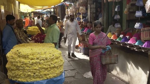 MYSORE, India - flower stalls in the Devaraja Market Stock Footage 84181406
