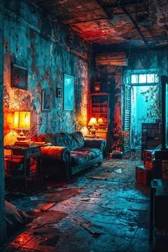 Mysteriöser Lost Place mit Sofa und leuchtenden Lampen in Türkis und Orang. Stock Photos