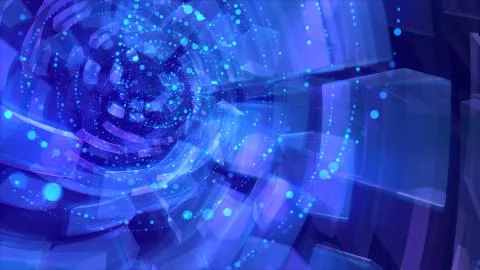 Mysterious 3d illustration of rotating bricks and spots flying in transparent Stock Illustration