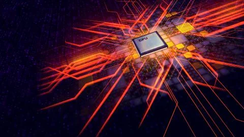 A mysterious 3d illustration of a square CPU processor shining like an ancien Stock Illustration