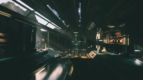 Mysterious abandoned spacecraft interior with dim lighting and debris Stock Footage 310500435