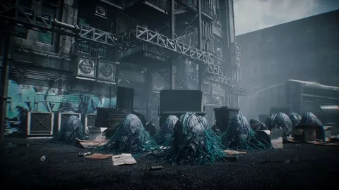 Mysterious alien eggs discarded in a backyard garbage area, suggesting a Vídeo Stock 347319135