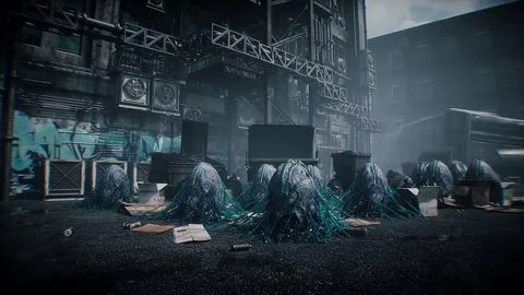 Mysterious alien eggs discarded in a backyard garbage area, suggesting a Stock Footage 347319156