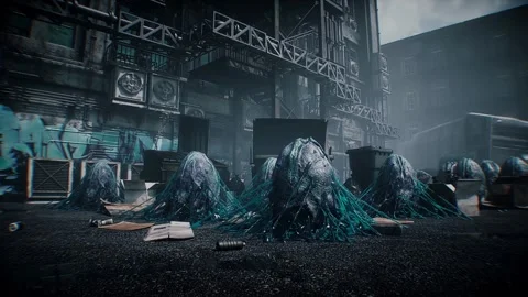 Mysterious alien eggs discarded in a backyard garbage area, suggesting a Vídeos de archivo 347319191