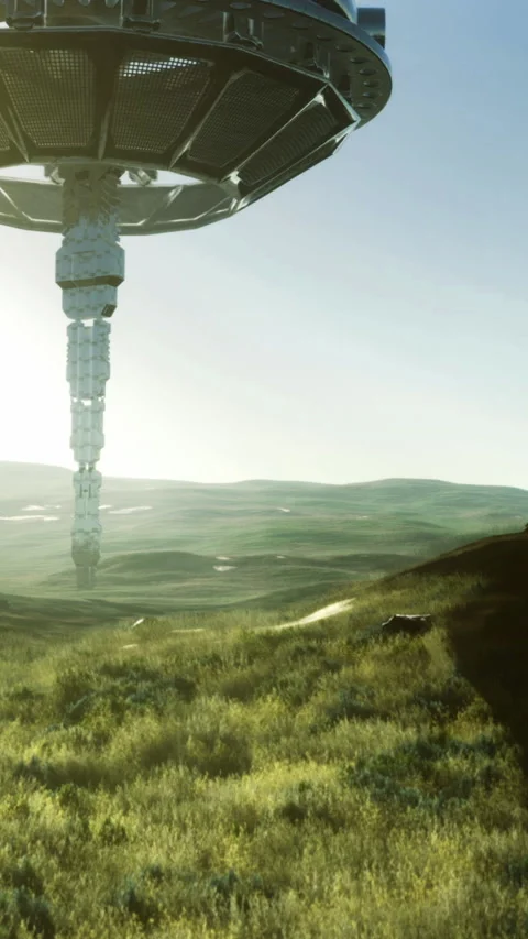 Mysterious alien ship descends upon lush extraterrestrial landscape at dawn Stock Footage 329136672