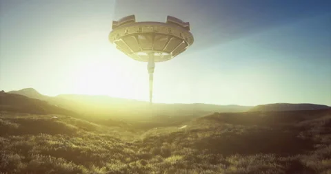 Mysterious alien ship hovers over a glowing landscape at sunrise Stock Footage 324714949