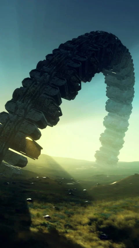 Mysterious alien ship hovers over a vast landscape at dusk Stock Footage 329174887
