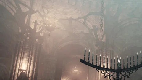 Mysterious atmosphere in an old stone building with a large chandelier Video stock 344157616
