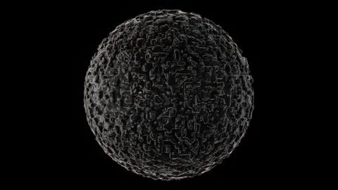 Mysterious black spherical object with complex surface patterns creating Ilustración de archivo