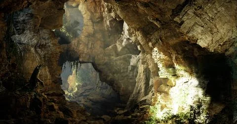 Mysterious cave interior with natural light illuminating ancient rocks Stock Illustration