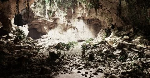Mysterious cave interior with natural light illuminating rocky formations Stock Illustration
