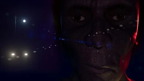 Mysterious character stares at camera with parked car in background. 3d rende イラスト素材