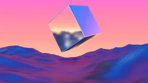 Mysterious chrome cube flying over alien planet terrain. 80s styled retro sci-fi Stock Illustration