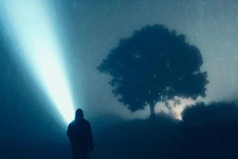 A mysterious concept of a man with a torch. looking into the darkness. 스톡 일러스트