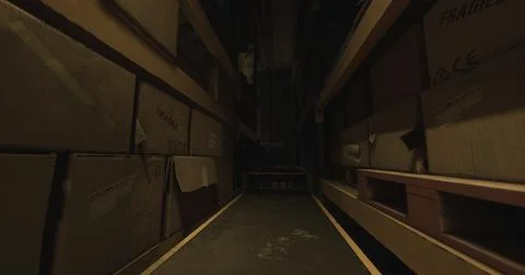 Mysterious corridor in a dark storage facility with stacked boxes and shadows Stock Illustration