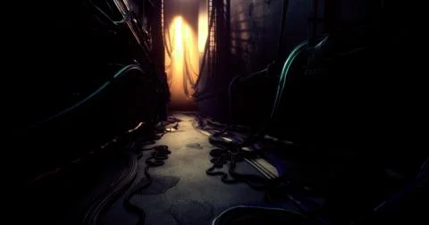 Mysterious corridor illuminated by soft light in a dark environment Illustrazione stock