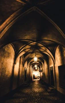Mysterious corridor in the old dungeon Stock Photos