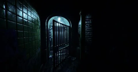 Mysterious corridor with open gate in dimly lit urban environment at night Stock Illustration