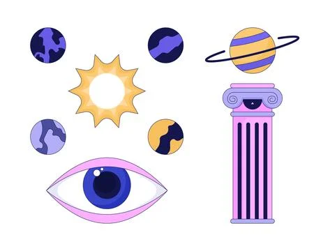 Mysterious cosmos planets 2D linear cartoon objects set イラスト素材