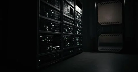 Mysterious data center with glowing servers in dark corridor setting Stock Illustration