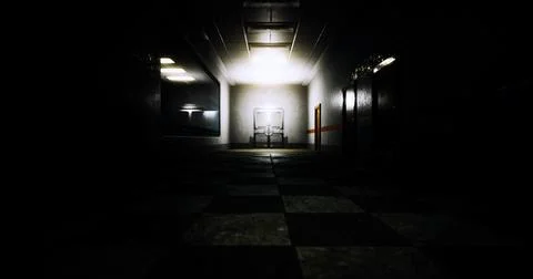 Mysterious dimly lit hallway with empty chair in abandoned building Ilustración de archivo