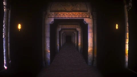 Mysterious Dimly Lit Stone Corridor with Intricate Archways and Ornate Arch.. Stock-Footage 314068041