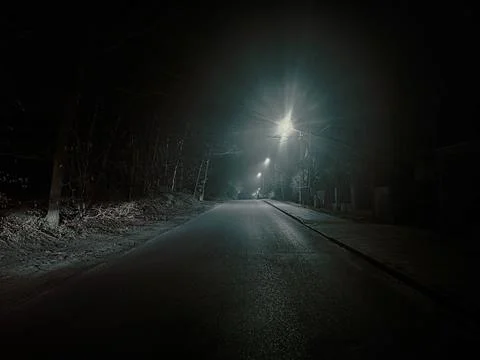 Mysterious Empty Road Surrounded By Trees And Fences, Dimly Lit By Streetli.. Stock Photos
