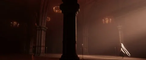 Mysterious entrance of a cloaked woman walking in dimly lit cathedral hall Stock Footage
