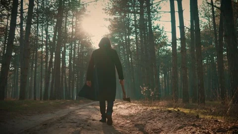 Mysterious Figure Holding Axe Walking in Forest at Twilight 스톡 동영상 271620509