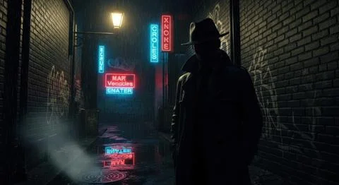 Mysterious figure walks down a dimly lit alleyway with vibrant neon lights .. Stock Illustration