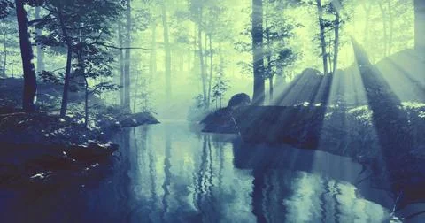 Mysterious forest with sun rays and tranquil water at dawn Stock Illustration