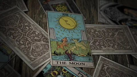 Mysterious Future Signs Call Upon The Moon Tarot Card As Symbol Of Intuition Stock Footage 303581158