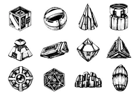 Mysterious geometric boxes and ancient relics Stock Illustration