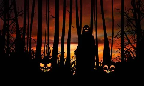 Mysterious Ghost Figures Wandering in the Forest and Approaching Night Stock Illustration