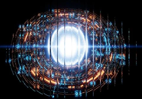 Mysterious glowing core surrounded by complex digital art patterns Ilustração Stock