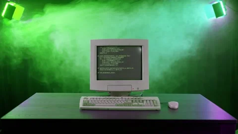 Mysterious Green Computer Code on Retro Computer Monitor Stock Footage 281346098