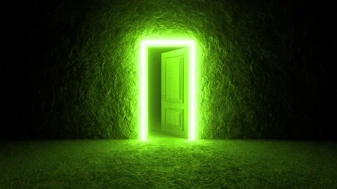 Mysterious green glowing rectangular door opening in dark room 스톡 동영상 310793946