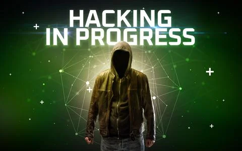 Mysterious hacker, online attack concept 库存照片