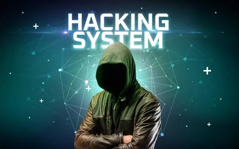 Mysterious hacker, online attack concept 库存照片